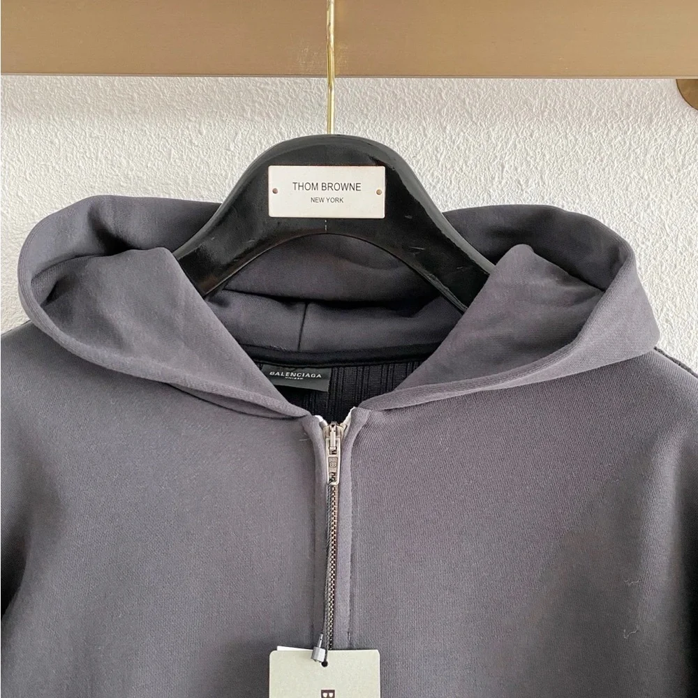 Balenciaga Black Ribbed Crewneck Sweater with Gray Logo Hood